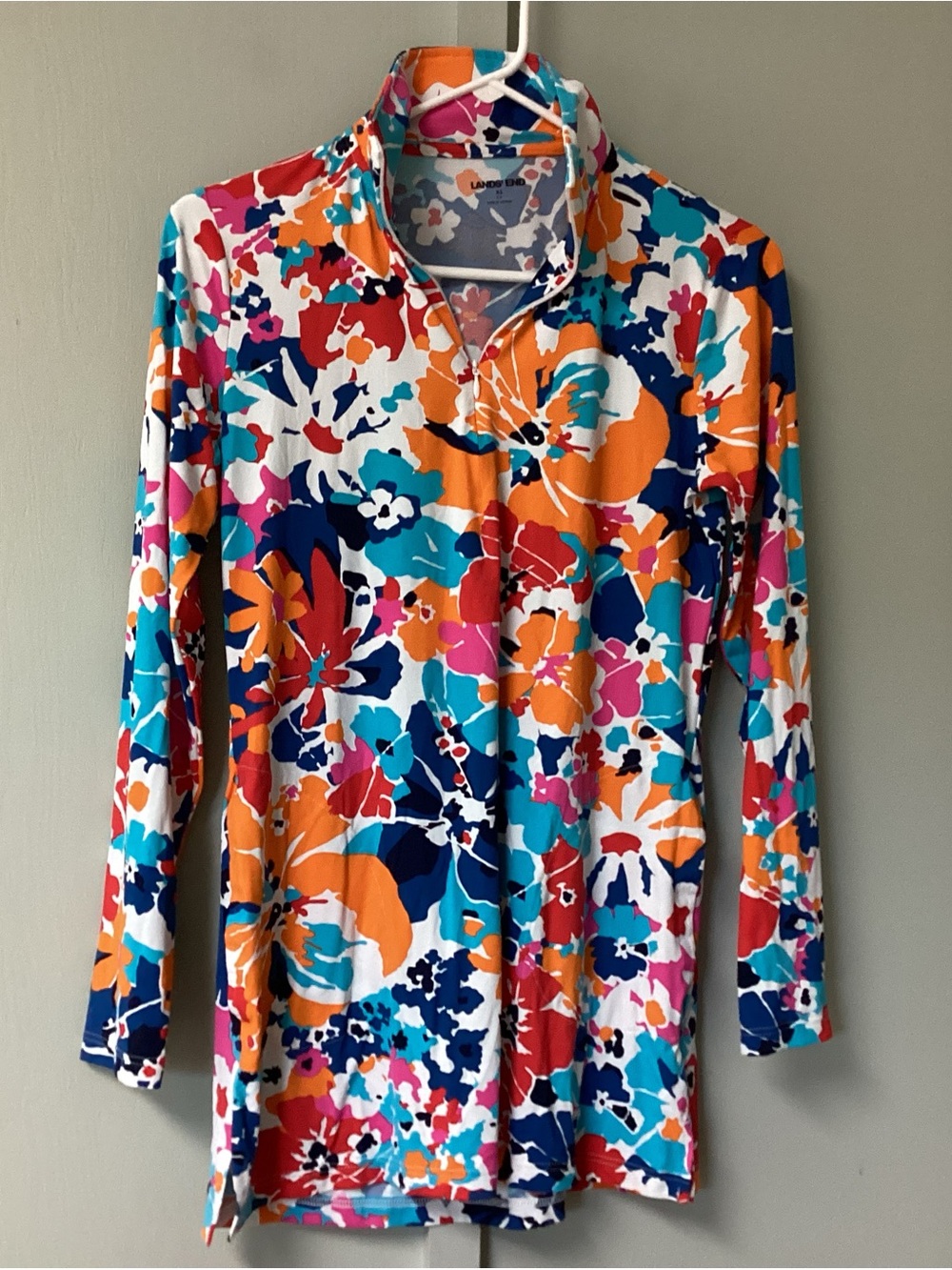 Lands' End Size XS 2-4 Floral Quarter Zip Swim Coverup Beach Pool Top Pockets